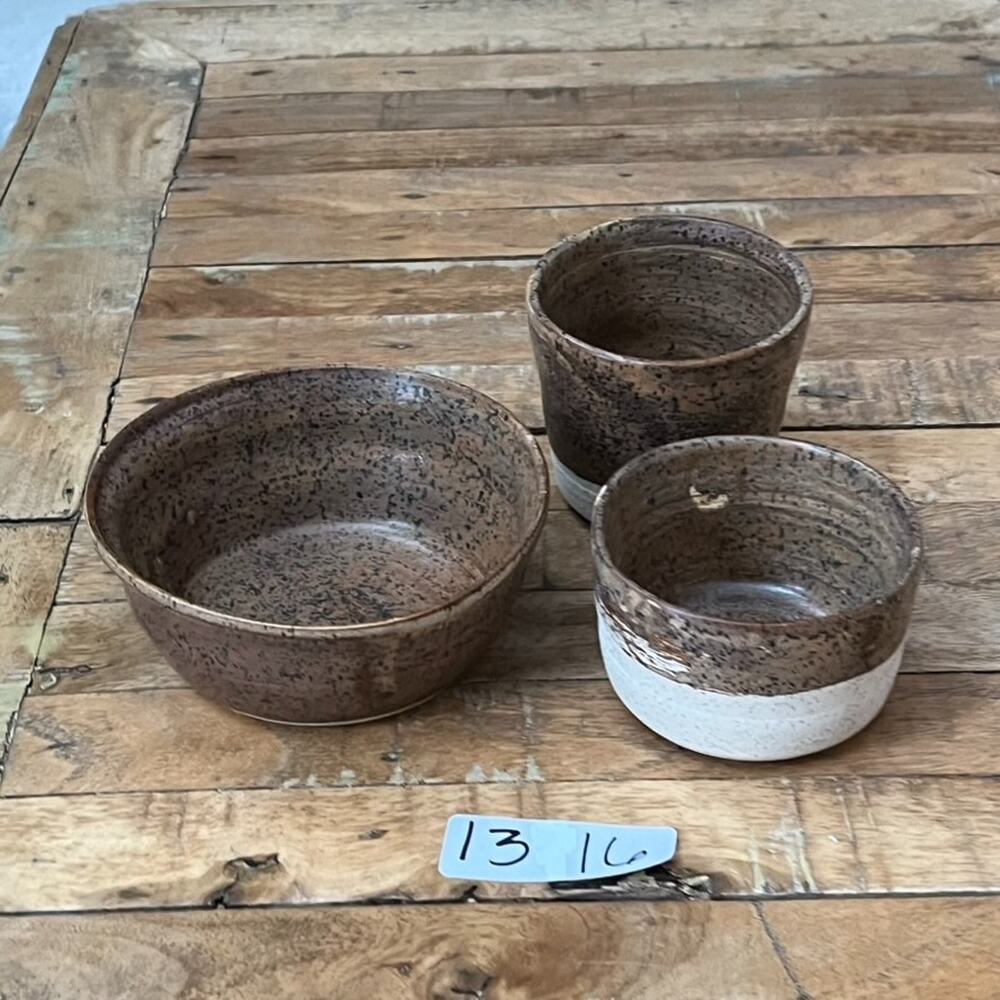 Studio Art Stoneware Bowl & Cup Set (3) Speckled Two Tone Dipped Semi-Matte - Picture 16 of 16